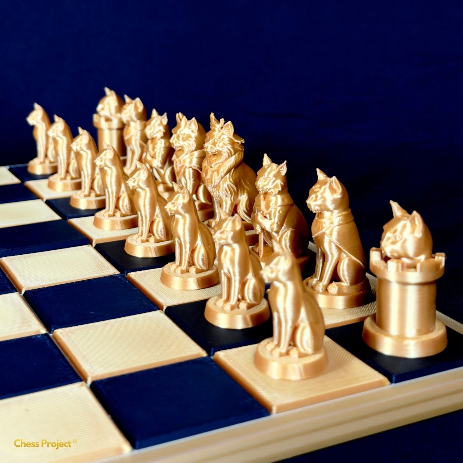 Pièces d’échecs figuratives chats dorées disposées sur échiquier design